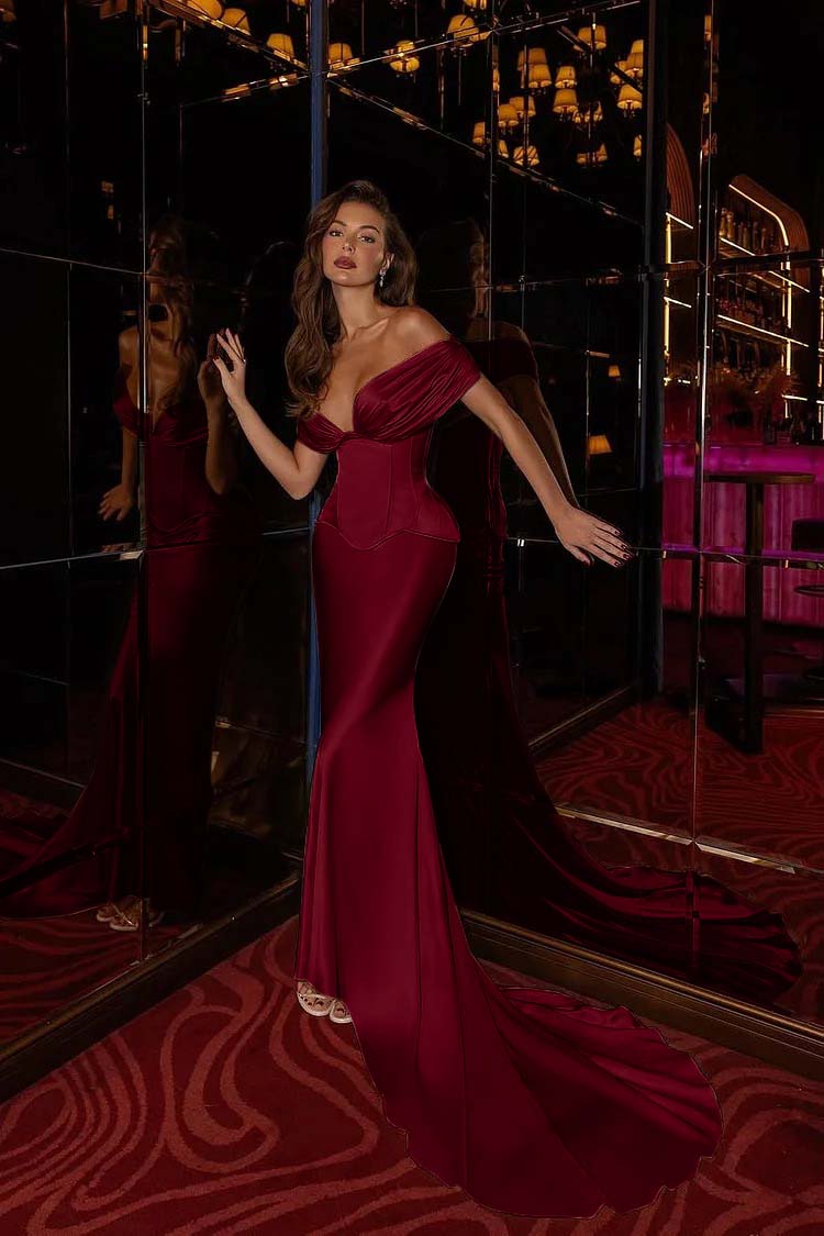 Off the Shoulder Sleeveless Long Mermaid Evening Formal Dress With Pleated