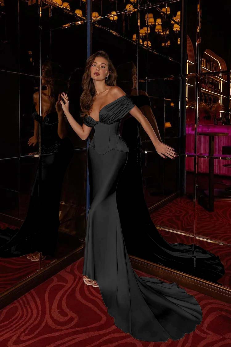 Off the Shoulder Sleeveless Long Mermaid Evening Formal Dress With Pleated