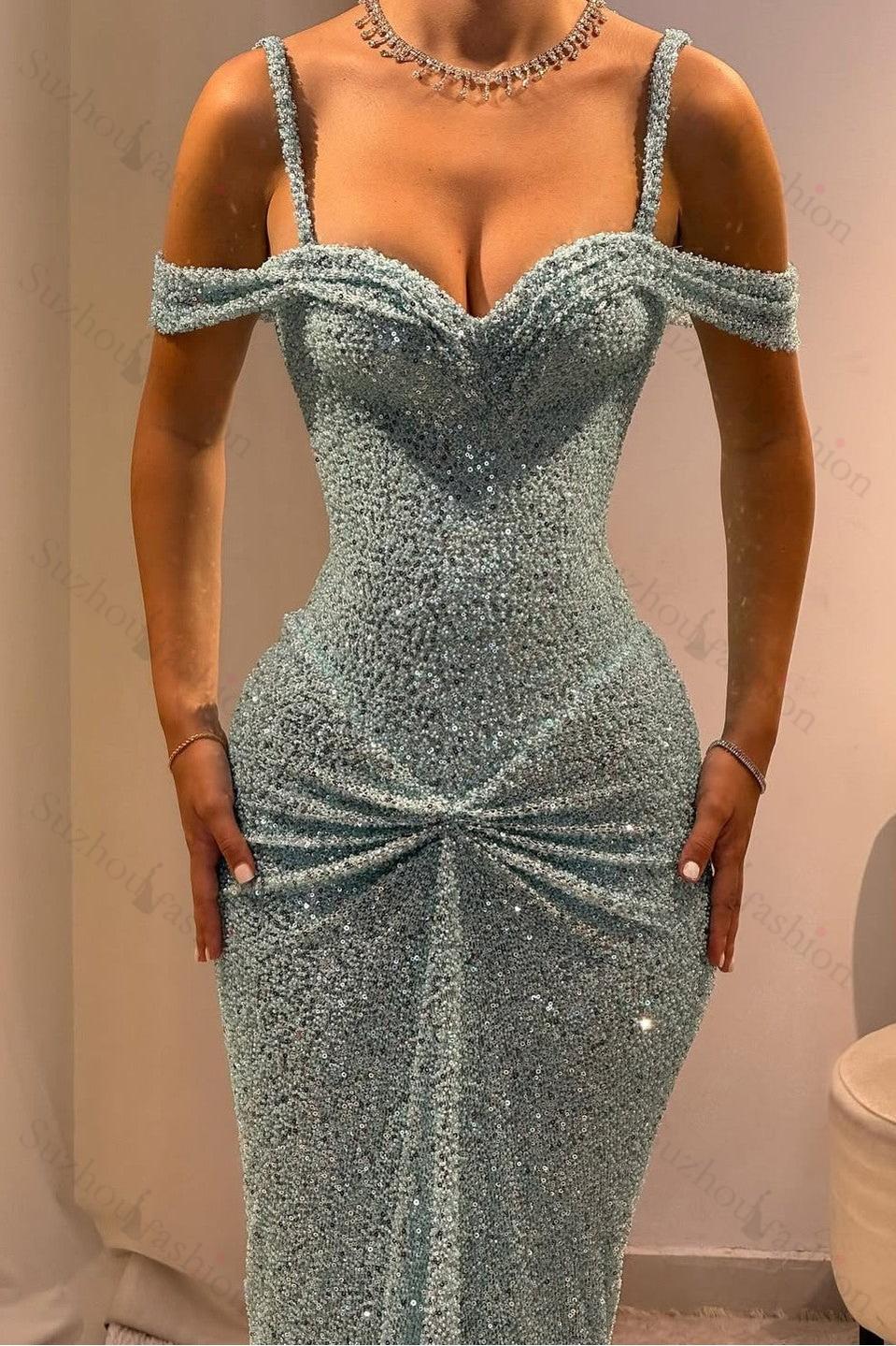 Off the Shoulder Sleeveless Long Mermaid Evening Formal Dress With Sequined