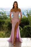 Off-the-Shoulder Sparkly Sequins Mermaid Prom Dress with Side Slit