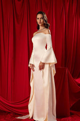 Off the Shoulder Strapless Long Sleeves Long Evening Formal Dress With Ruffled