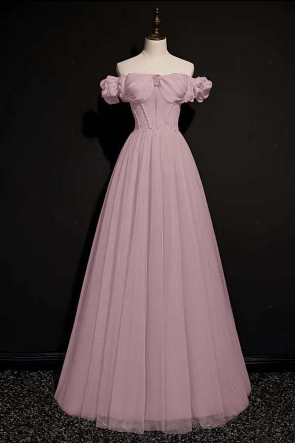 Off the Shoulder Strapless Sleeveless Long Evening Formal Dress With Tulle