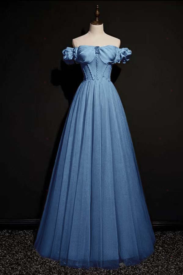 Off the Shoulder Strapless Sleeveless Long Evening Formal Dress With Tulle