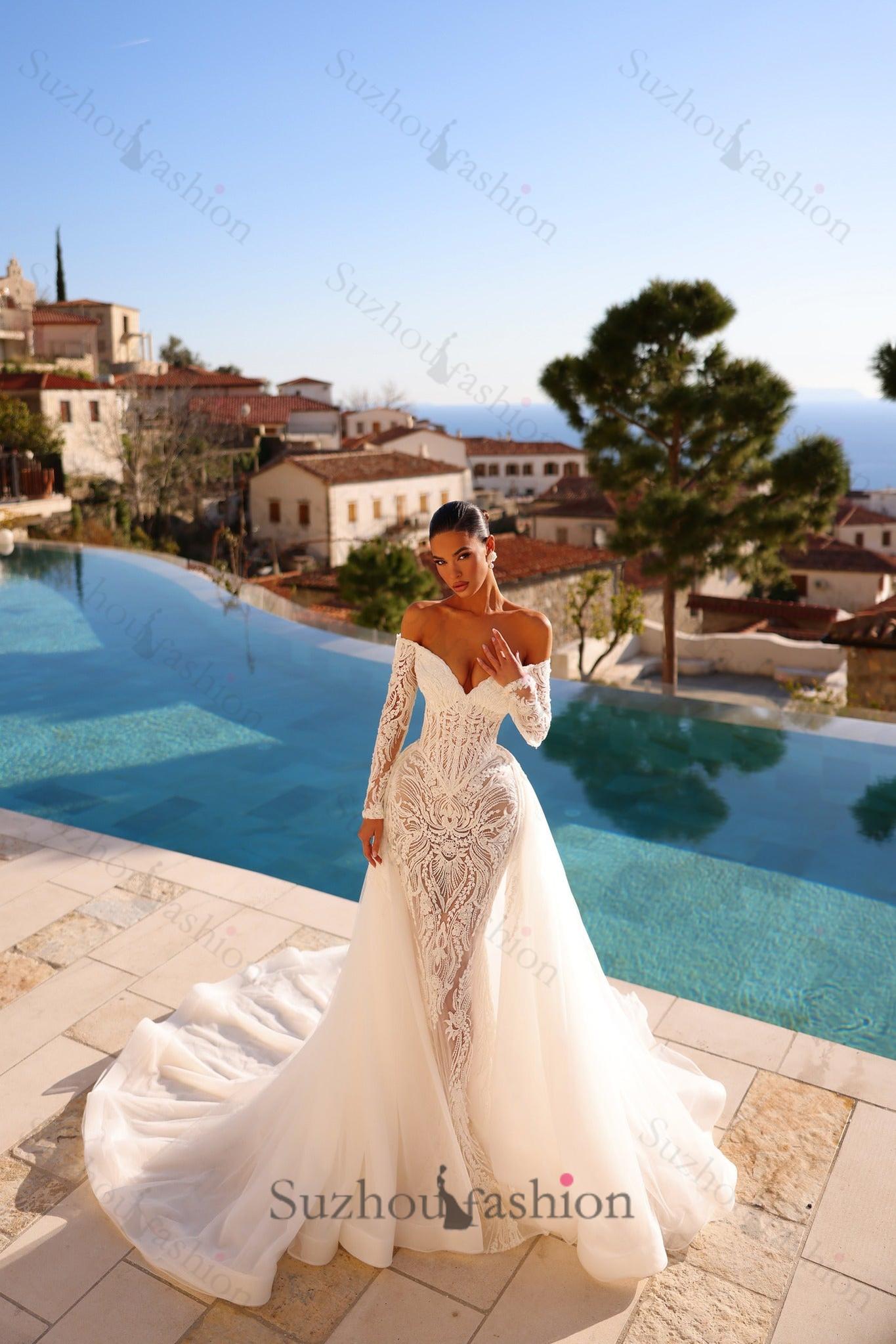 Off the Shoulder Wedding Dress Mermaid Lace Appliques Bridal Dress with Panel Train