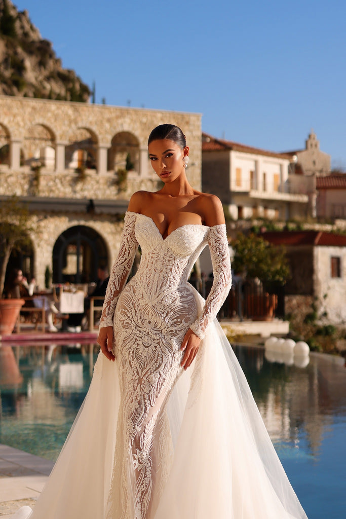 lace panel off the shoulder dress Suzhoufashion Women Off the Shoulder Wedding Dress Mermaid Lace Appliques Bridal Dress with Panel Train