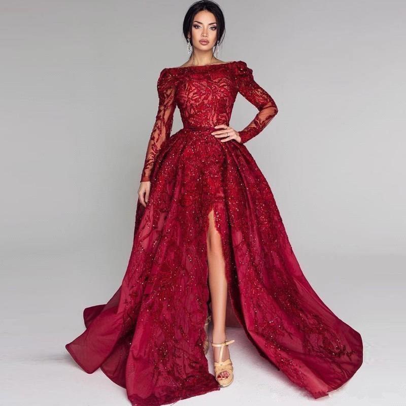 Off-the-shoulder Beading Side Split Prom Dress | Sexy Long Sleeve Appliques Evening Gowns