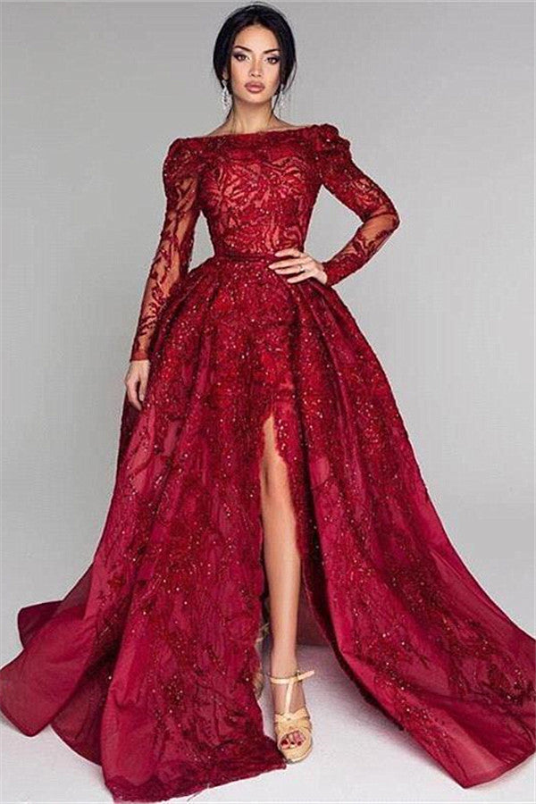 Off-the-shoulder Beading Side Split Prom Dress | Sexy Long Sleeve Appliques Evening Gowns