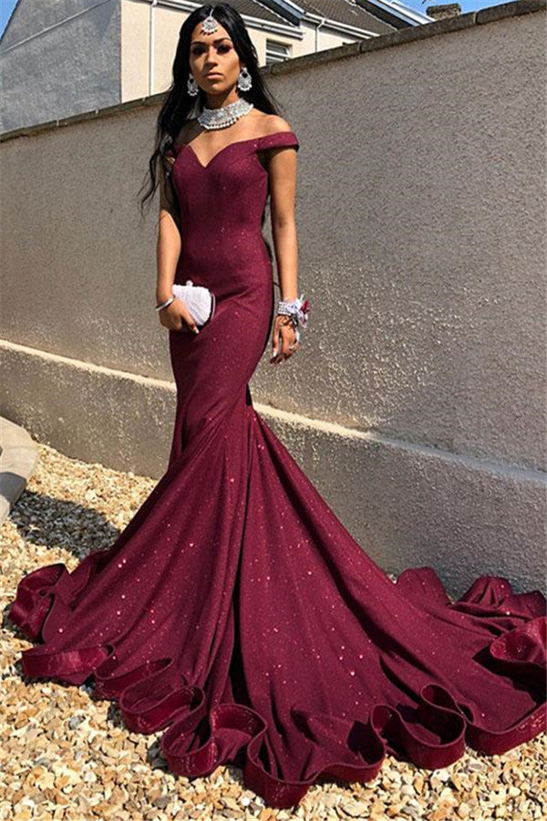 Off-the-shoulder Burgundy Prom Dresses | Sexy Mermaid Evening Dresses with Court Train