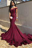 Off-the-shoulder Burgundy Prom Dresses | Sexy Mermaid Evening Dresses with Court Train