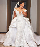 Off-the-shoulder Detachable Wedding Dresses | V-neck Lace Appliques Bridal Gowns