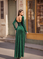 Off the shoulder Long Sequined Mother of the Bride Gown with Long Sleeves