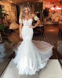 Off-the-shoulder Puffy Tulle Wedding Dresses | Mermaid Appliques Sweep Train Bridal Gowns