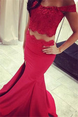Off-the-shoulder Two Piece Prom Dress Mermaid Evening Gowns with Slit
