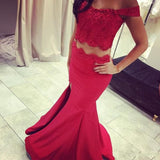 Off-the-shoulder Two Piece Prom Dress Mermaid Evening Gowns with Slit