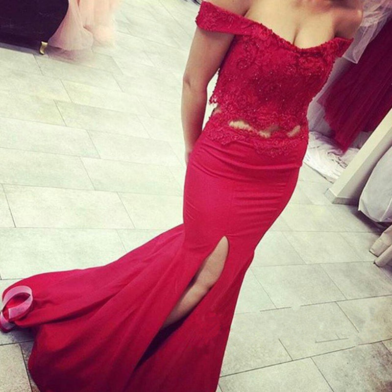 Off-the-shoulder Two Piece Prom Dress Mermaid Evening Gowns with Slit