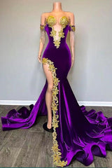Off the shoulder V-neck Gold Appliques Mermaid Velvert Prom Party Dresses