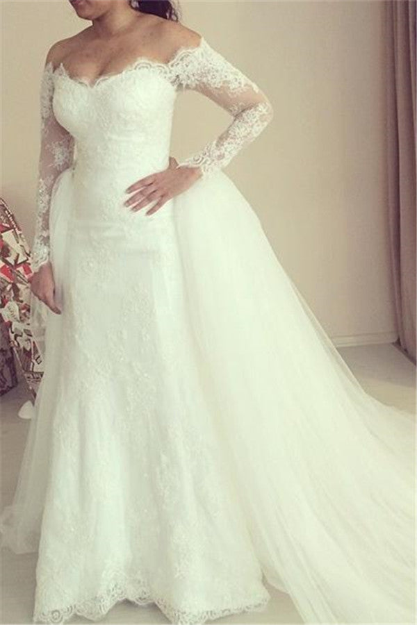 Off-the-shoulder Wedding Dress Long Sleeve Puffy Tulle Train Elegant Bridal Dresses
