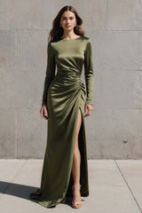 Suzhoufashion Olive Mermaid Boat Neck Satin Ruched Long Sleeves Evening Dress With Slit