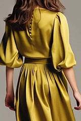 Suzhoufashion Olive Satin A-Line Long Evening Dress With Sleeves