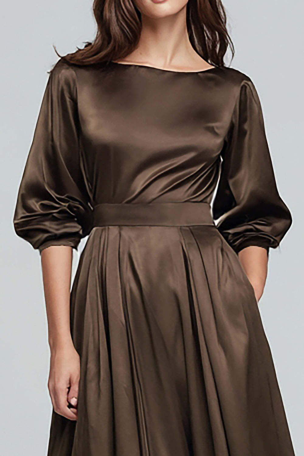 Suzhoufashion Olive Satin A-Line Long Evening Dress With Sleeves