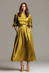 Suzhoufashion Olive Satin A-Line Long Evening Dress With Sleeves