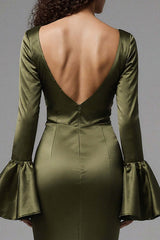 Suzhoufashion Olive Satin Square Neck Mermaid Flare Sleeves Long Evening Dress With Slit
