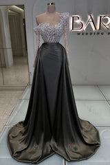 Olive Square Neck Prom Dress A Line Panel Train Satin Formal Dress With Pearls