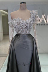 Olive Square Neck Prom Dress A Line Panel Train Satin Formal Dress With Pearls
