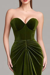 Olive Velvet Mermaid Weetheart Ruched Long Corset Prom Dress
