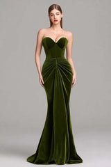 Olive Velvet Mermaid Weetheart Ruched Long Corset Prom Dress
