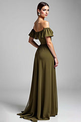 Olive Wedding Guest Dress Chiffon A Line Long Formal Dress With Ruffles