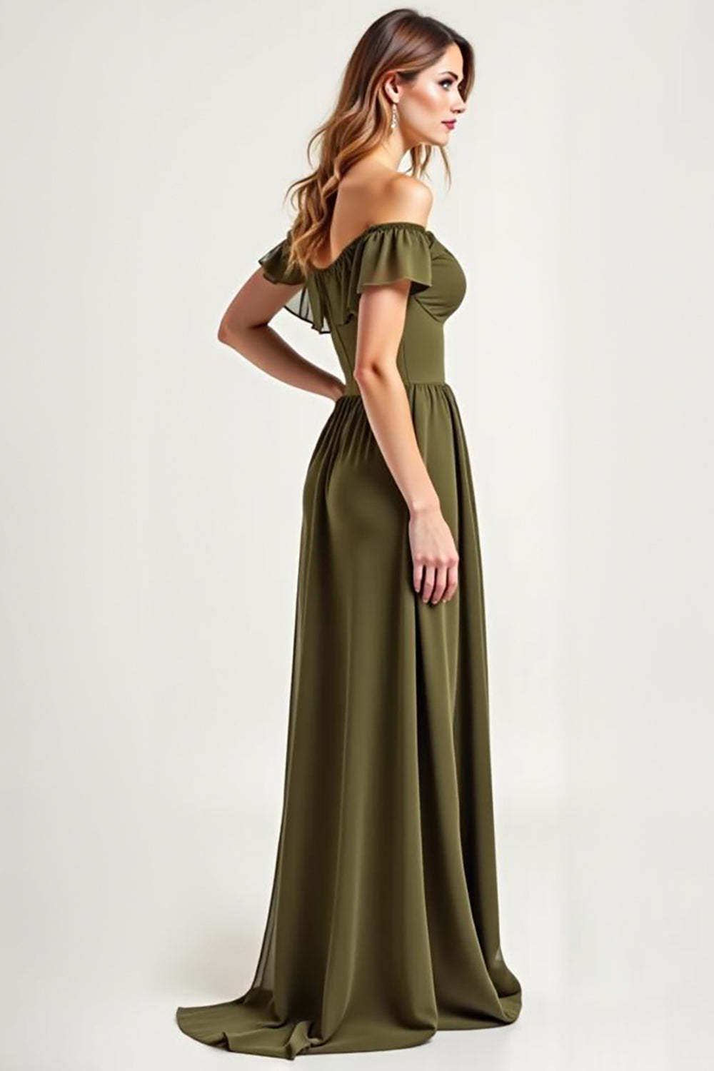 Suzhoufashion Olive Wedding Guest Dress Chiffon Long Off The Shoulder Formal Dress Suzhoufashion Olive Wedding Guest Dress Chiffon Long Off The Shoulder Formal Dress