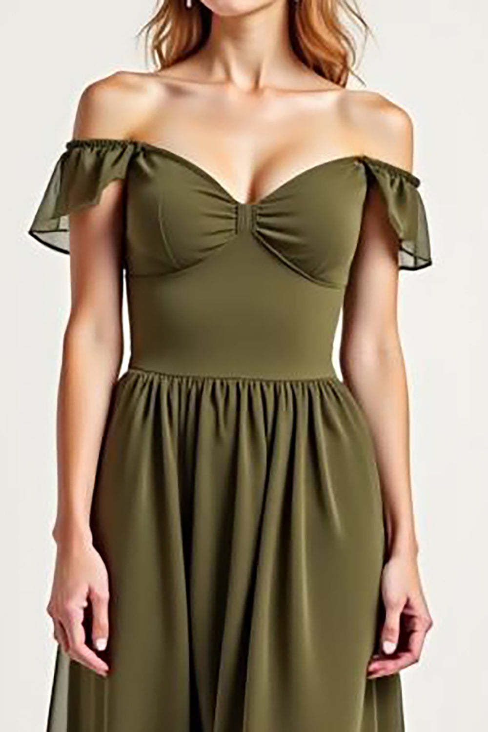Olive Wedding Guest Dress Chiffon Long Off The Shoulder Formal Dress
