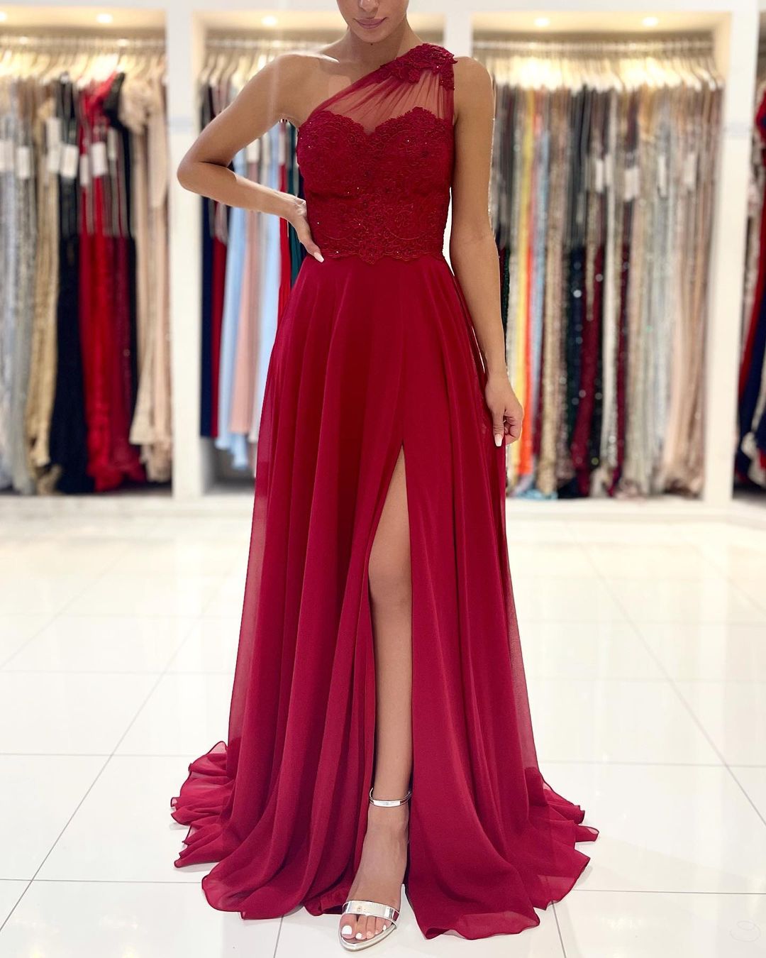 One SHoulder Red Prom Dress Floor Length Sleeveless Maxi Dress with Front Slit