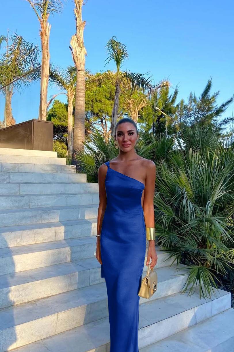 One Shoulder Backless Sleeveless Long Evening Formal Dress With Pleated