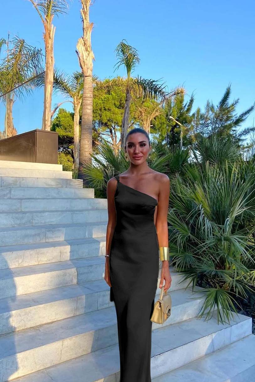 One Shoulder Backless Sleeveless Long Evening Formal Dress With Pleated