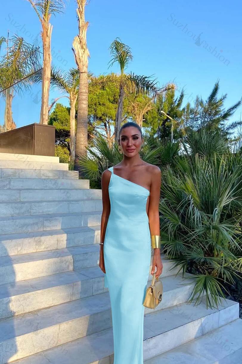 One Shoulder Backless Sleeveless Long Evening Formal Dress With Pleated