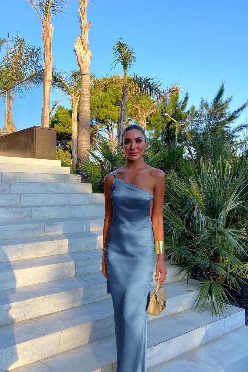 One Shoulder Backless Sleeveless Long Evening Formal Dress With Pleated