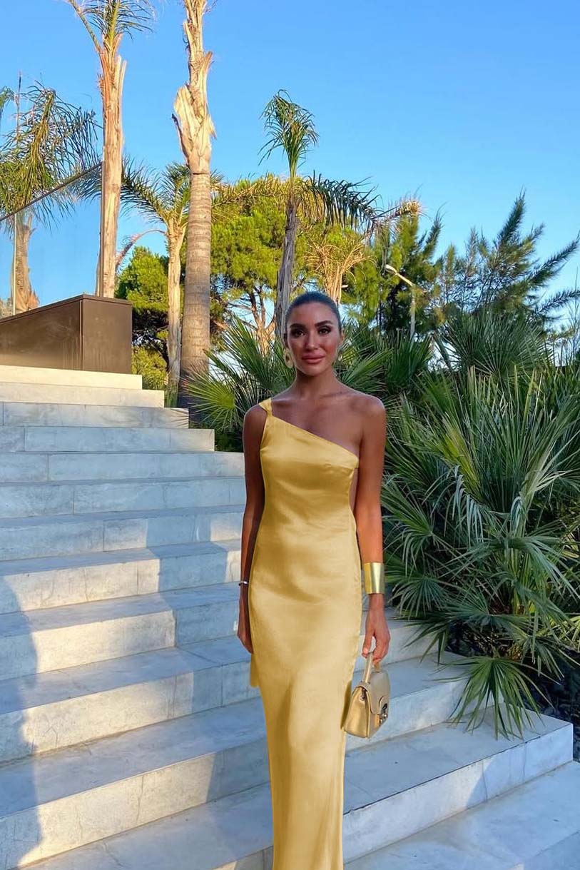 One Shoulder Backless Sleeveless Long Evening Formal Dress With Pleated