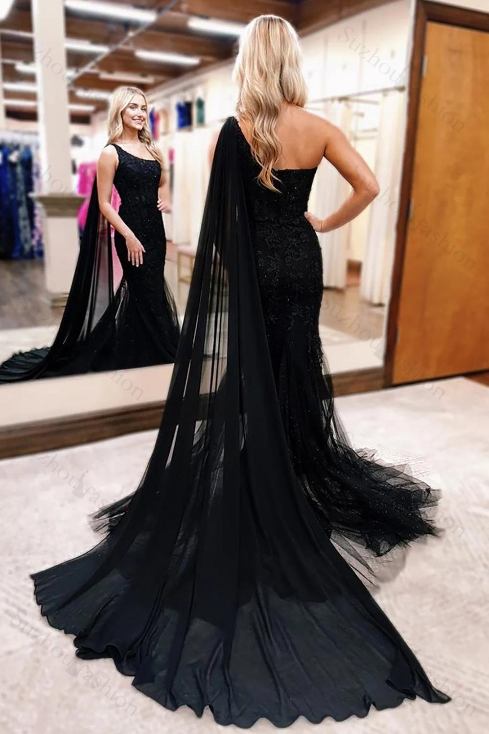 Suzhoufashion One Shoulder Black Prom Dress Tulle Cape Long Corset Formal Dress With Lace suzhoufashion Suzhoufashion One Shoulder Black Prom Dress Tulle Cape Long Corset Formal Dress With Lace suzhoufashion