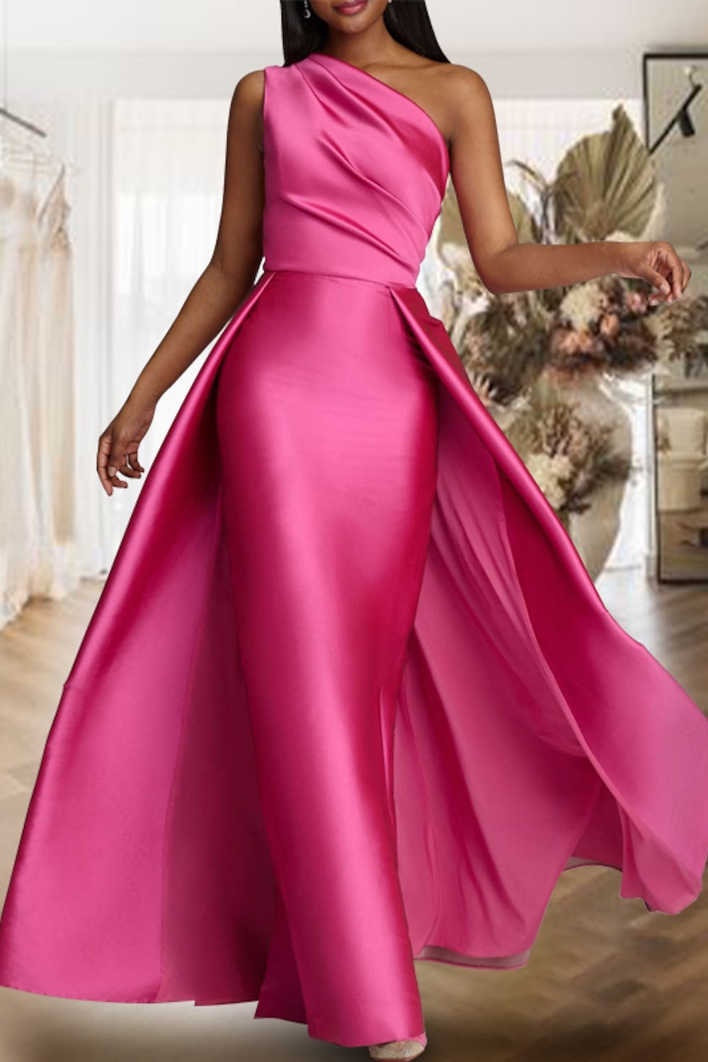One Shoulder Bridesmaid Dress Fuchsia Wedding Guest Dress with Panel T suzhoufashion One Shoulder Bridesmaid Dress Fuchsia Wedding Guest Dress with Panel T suzhoufashion