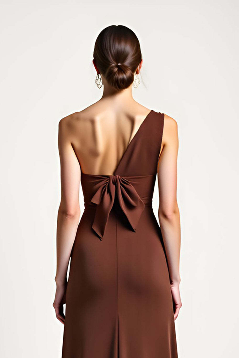 One Shoulder Brown Sheath Long Formal Dress With Bow