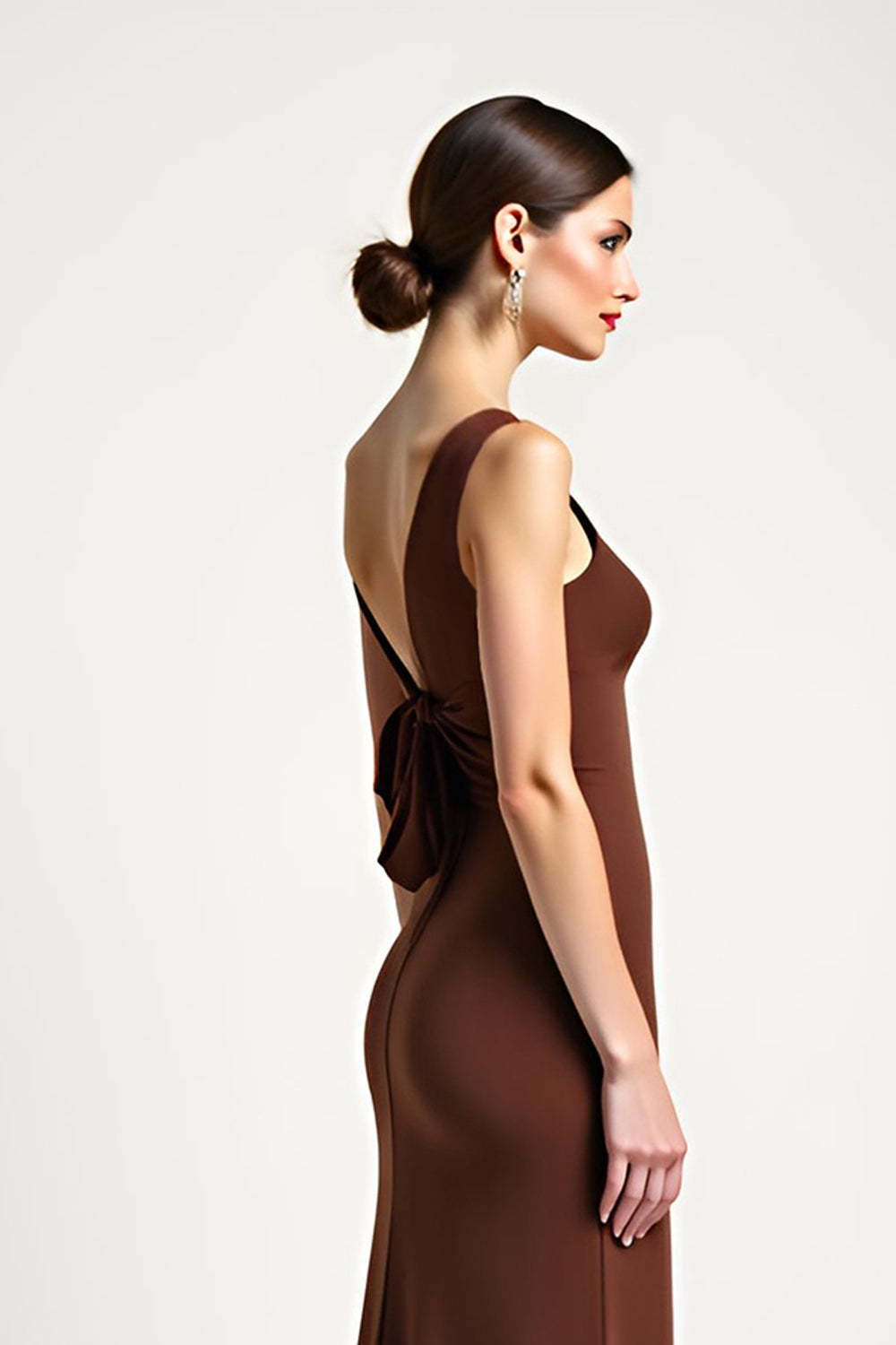 One Shoulder Brown Sheath Long Formal Dress With Bow