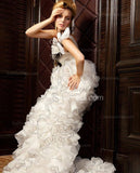 One Shoulder Chiffon Bridal Dresses Sweep Train Sleeveless Wedding Gowns with Flower
