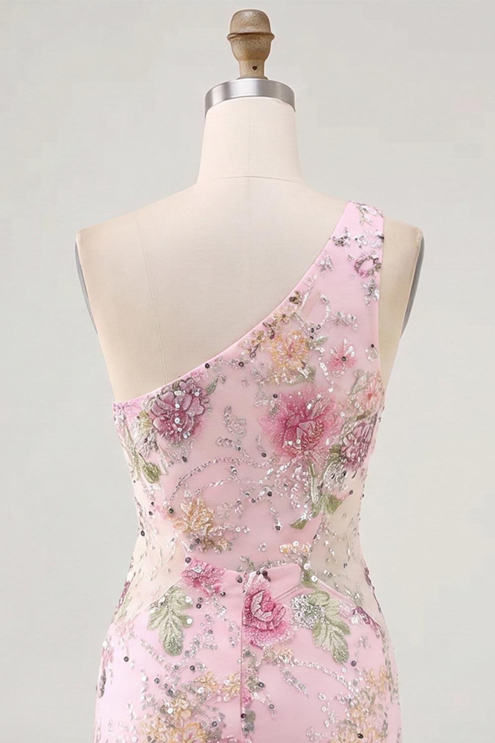 One Shoulder Floral Beaded Tight Short Sparkly Pink Homecoming Dress