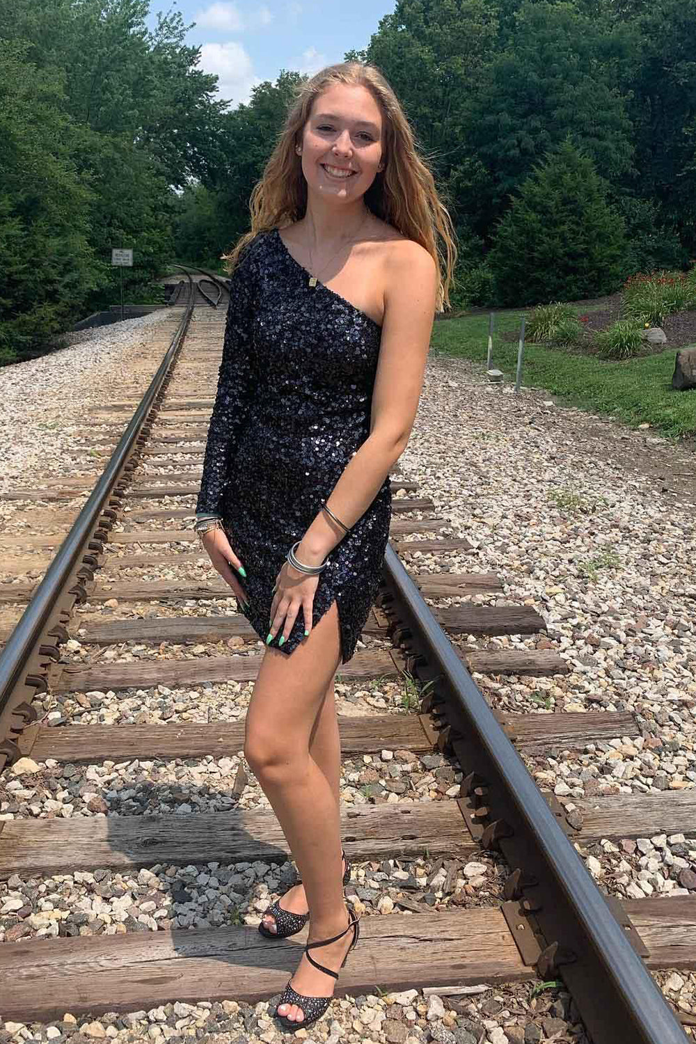 One Shoulder Glitter Sequin Prom Dress