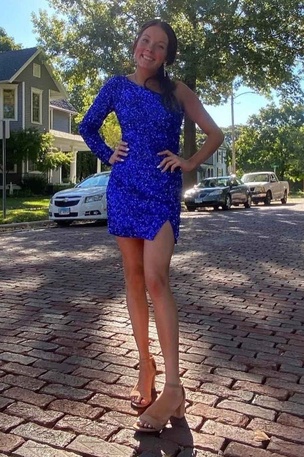 One Shoulder Glitter Sequin Prom Dress