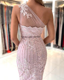 One Shoulder Light Purple Mermaid Prom Dresses With Lace Appliques