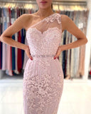 One Shoulder Light Purple Mermaid Prom Dresses With Lace Appliques