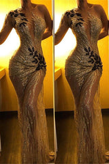 One Shoulder Long Sleeve Gold Sequins Prom Dresses Sheer Tulle Black Appliques